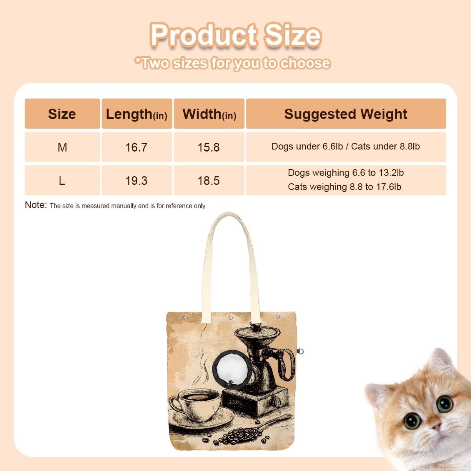 Pet Canvas Shoulder Bag Soft-Sided,Dog Purse Carrier for Small Dogs and Cats, Portable Pet Handbag with Adjustable Hole, Pet Washable Travel Tote Bag,Coffee Roast 19.3''x16.5''