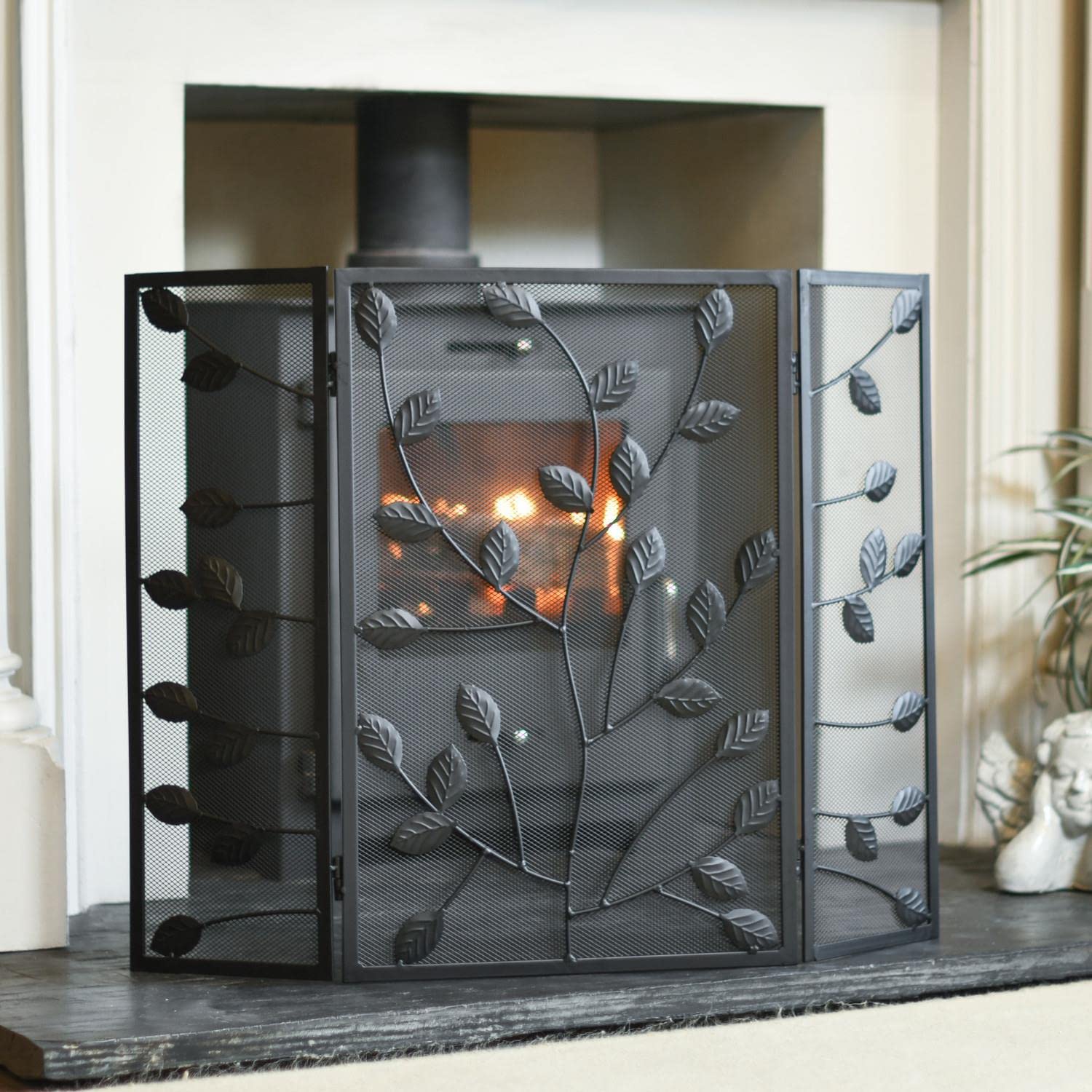 Black Rectangular Three Fold Fire Guard with Leaf Pattern - 62cm