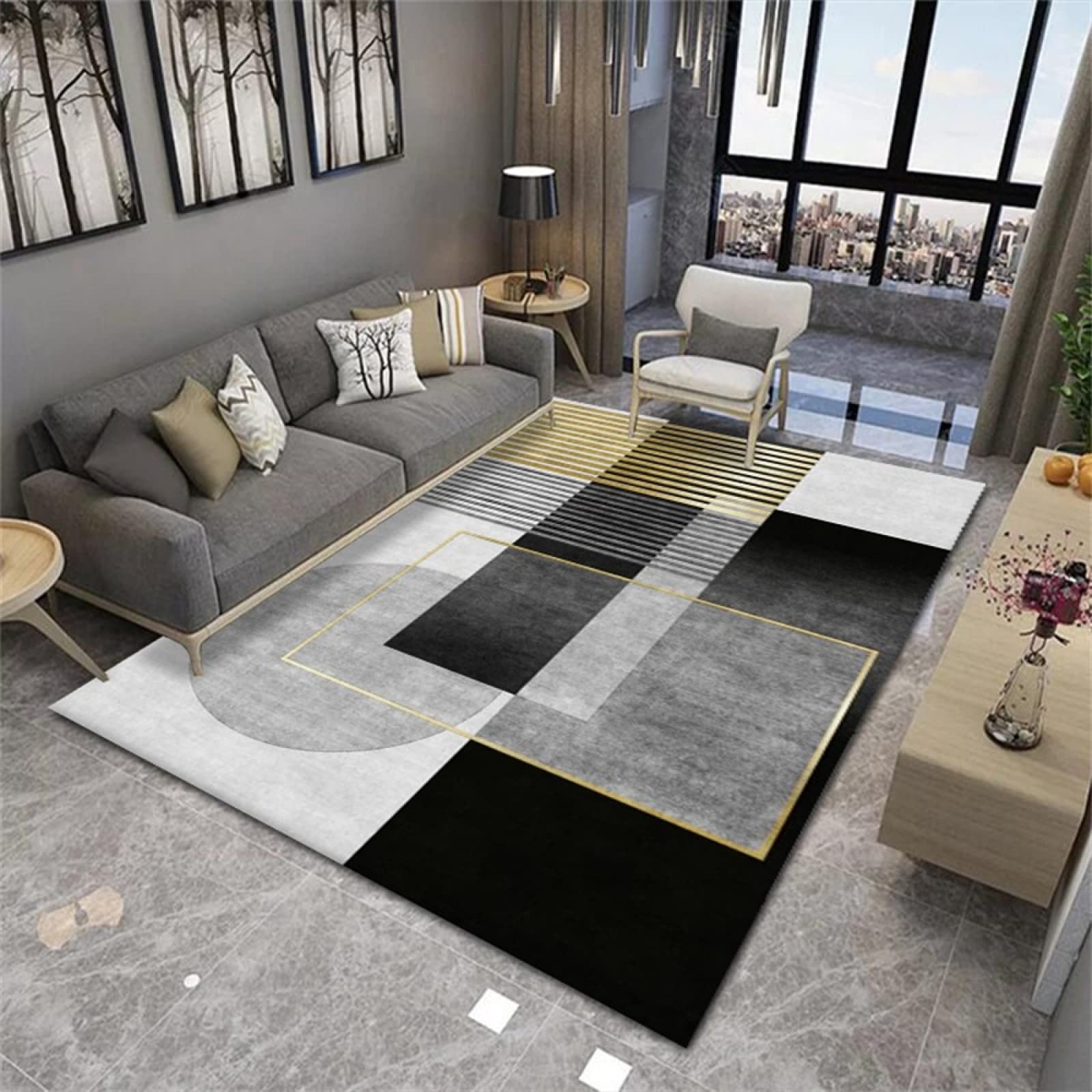 Tapis lavable gris noir 80x160cm au design géométrique pour salon
