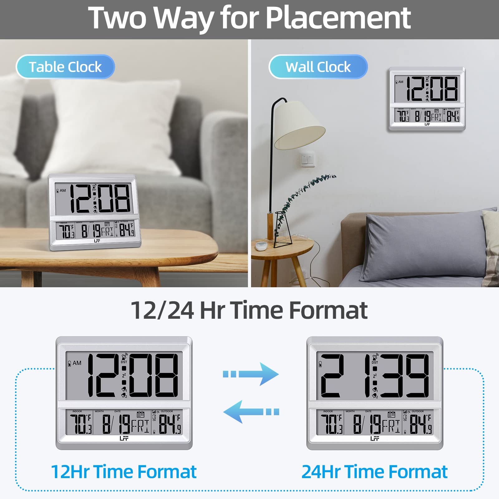 Reloj Atómico de Pared Digital con Pantalla Grande, Temperatura Interior y Exterior, Sensor Inalámbrico Plateado