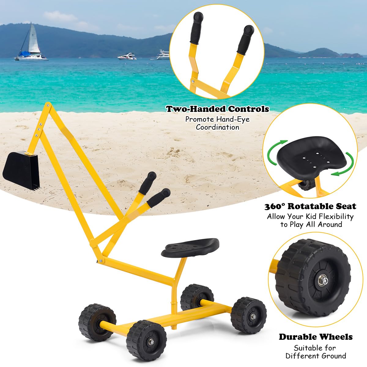 RELAX4LIFE Excavadora de Madera de Juguete con Dos Mandos Manuales y una Pala Flexible, Asiento Giratorio 360º y Reposacabezas Ergonómico, 4 Ruedas, para Niños y Niñas 3+ Años (88x33x35,5cm,Amarillo)