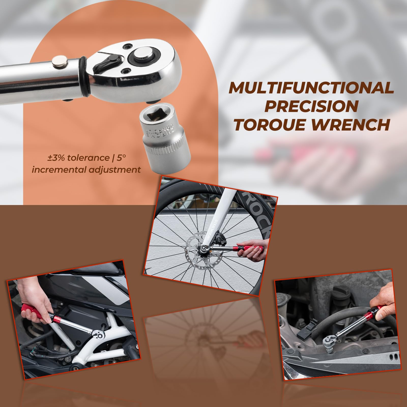 ROCKBROS Chiave Dinamometrica Bici 2-24 Nm, Set Chiavi a Cricchetto 1/4 | Cricchetto Reversibile a 72 Denti, Regolazione Micrometrica a 5°, Precisione di Errore ± 3%, per la Manutenzione di Bici