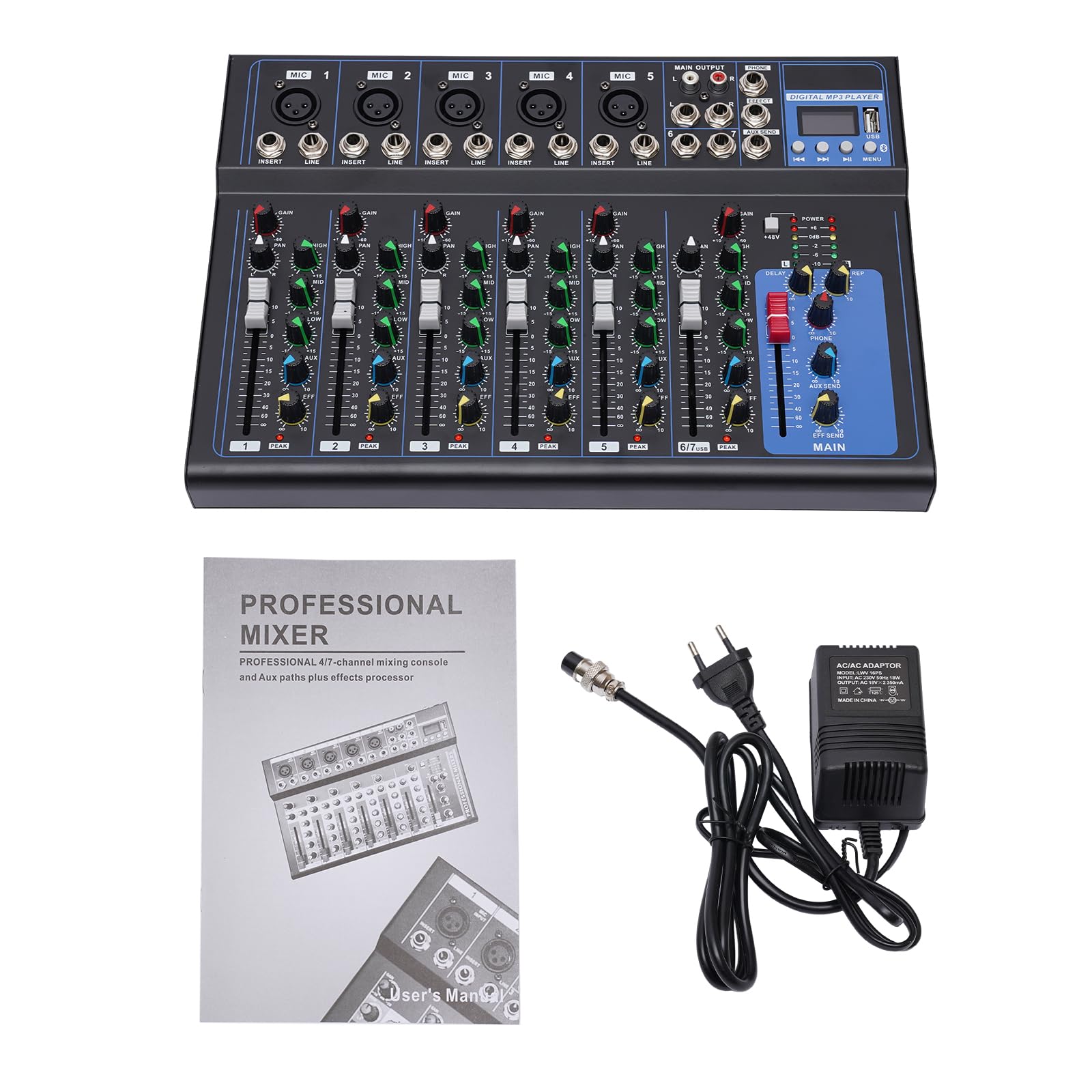 Mixer audio Bluetooth a 7 canali con USB e 48V Phantom - Mixer DJ professionale con 6 modalità audio per suono live, studio, karaoke, band - Compatto per principianti e professionisti