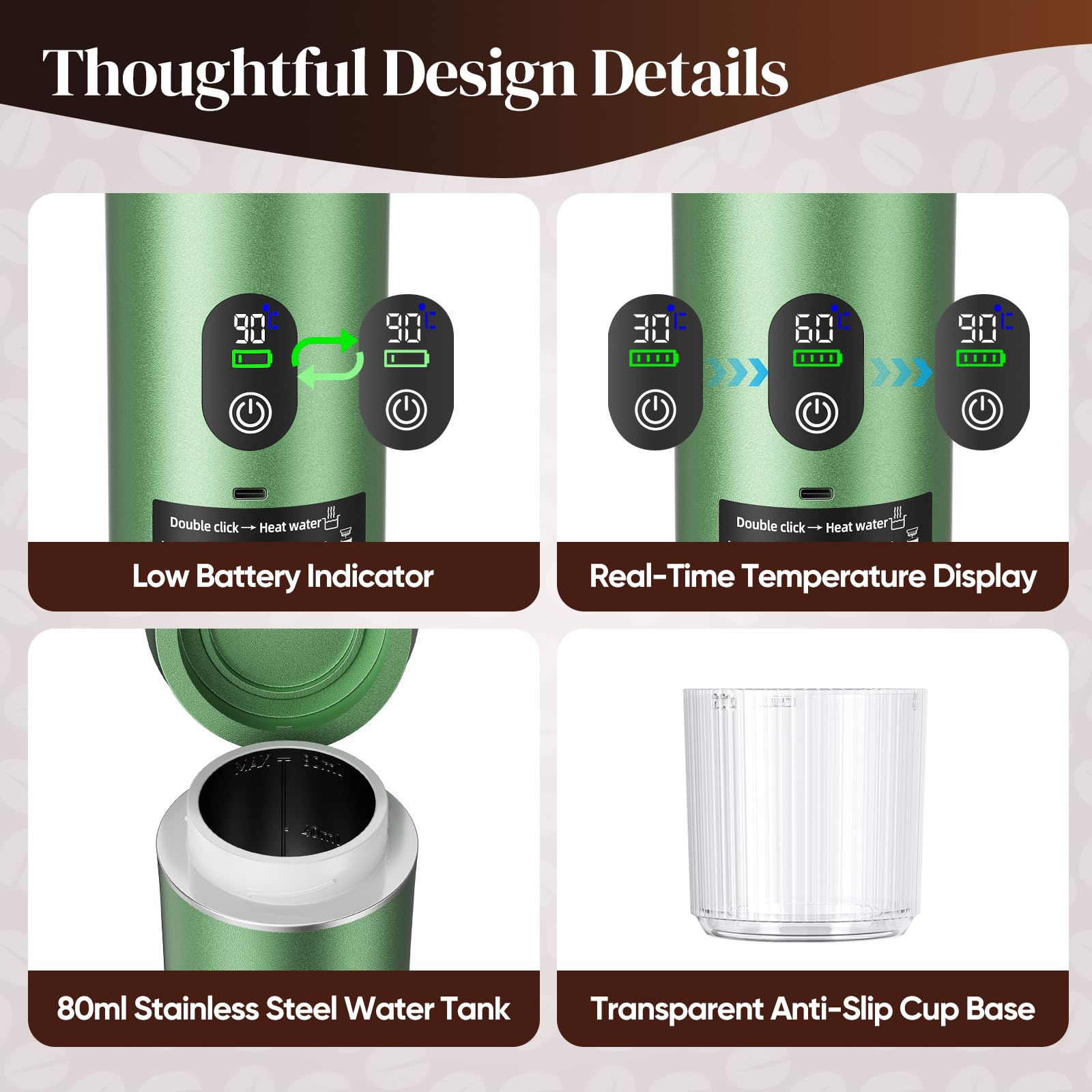 Macchina per caffè Espresso Portatile, Macchina per Caffè Elettrica 3 in 1, Caffettiera Portatile da Campeggio, Mini Autoriscaldante, Compatibile con Caffè Macinato e Capsule (Verde)
