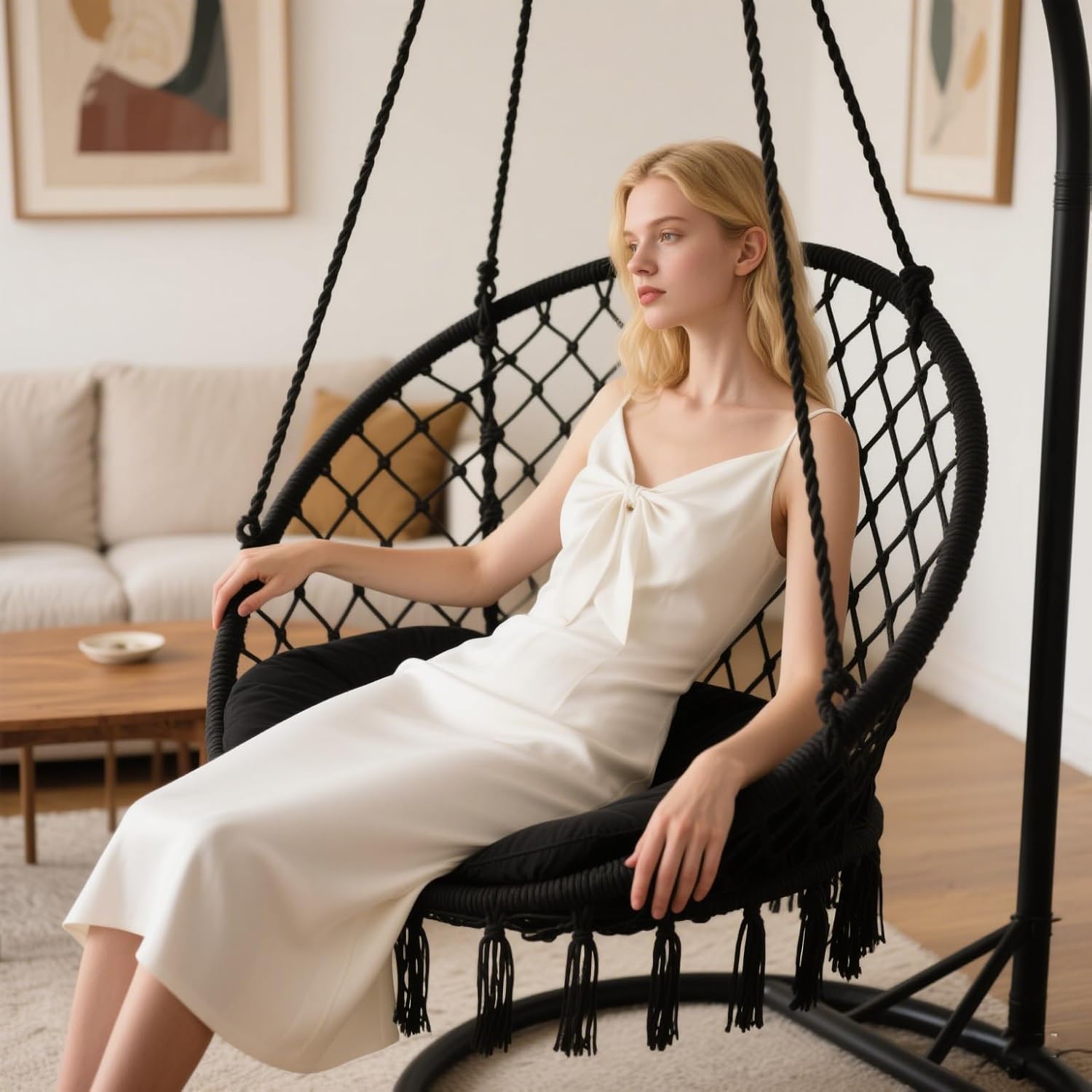 VOHALA Macrame Hammock Swing Chair with Thick Cushion Boho Hanging Chair for Indoor & Outdoor Holds up to 500 LBS (Black)