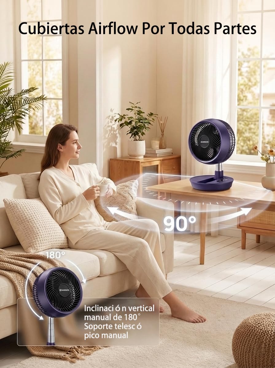 AIRMATE 63cm Ventilador de Pie Silencioso, Ventilador Potente con Ajustable y DiseñO Plegable 90°+170°, 8 Velocidades 8h Control Remoto 30db Ventilador de Suelo Ideal TambiéN Para Uso En Escritorio