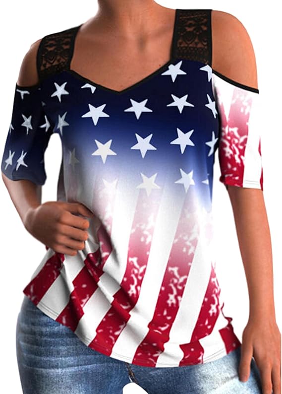 T-Shirt Femme Été 2024 Drapeau Américain 4 Juillet – Chemise Patriotique Oversize Décontractée, Style USA Casual Et Confortable