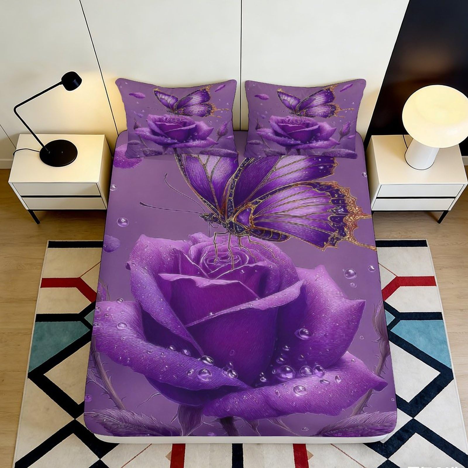 3D Printed Purple Rose Fitted Sheet Microfiber Soft Non-slip Butterfly Bed Cover for Bedroom Guest Dorm Decor Easy Care 90x200x25cm