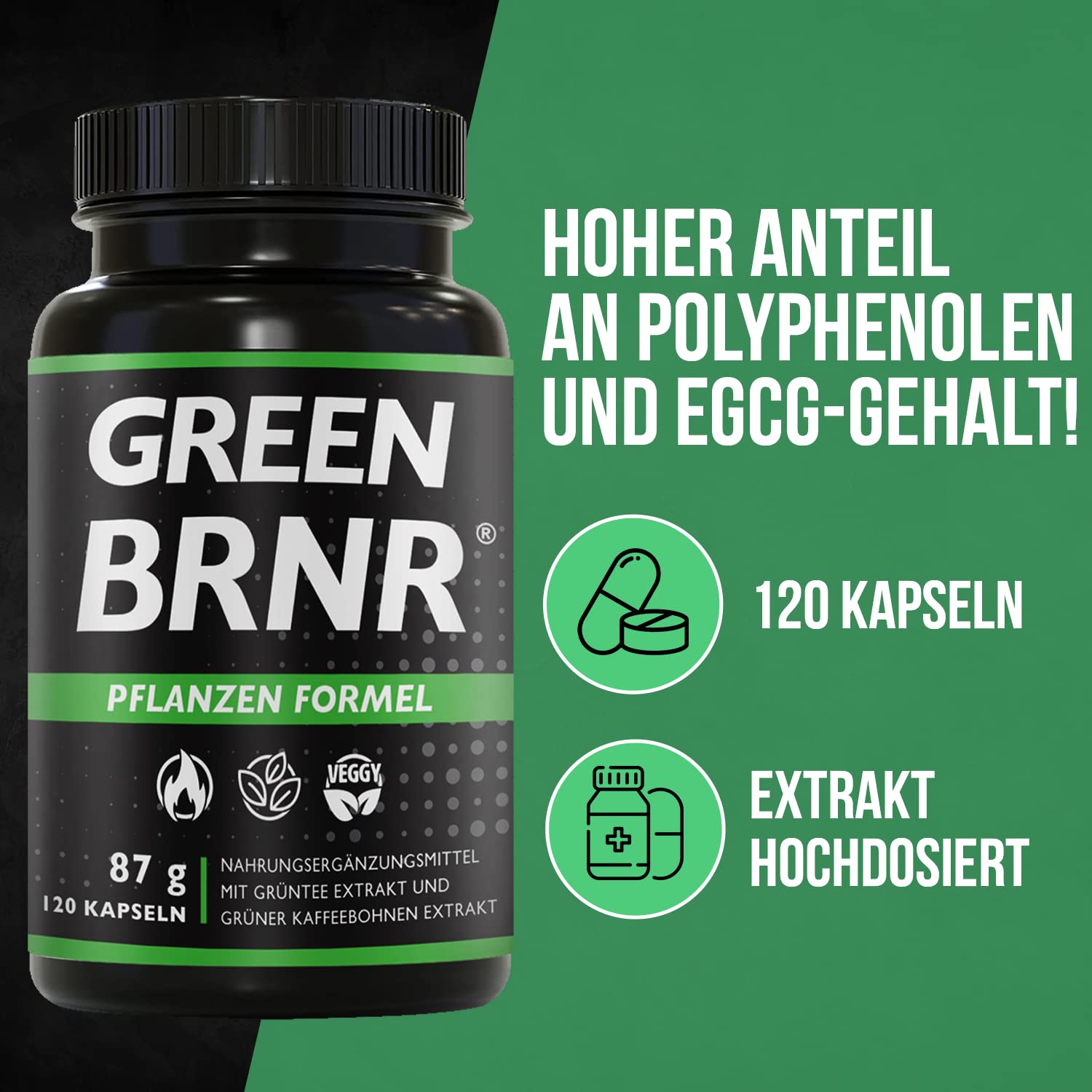 BRNR GREEN BRNR - Grüntee Extrakt hochdosiert 120 Kapseln mit extra viel EGCG + Polyphenole, Green Tea Kapseln, Grüner Kaffee Extrakt, 120 Kapseln