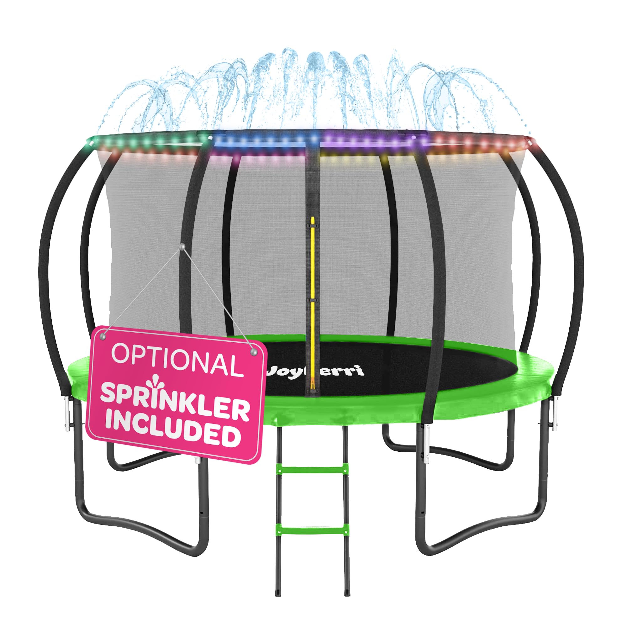 Trampoline Outdoor - ASTM Certified Safe, 8Ft, 10Ft, 12Ft, 14Ft, 15Ft, 16Ft Recreational Trampoline for Kids and Adults. Anti-Rust Coating with Enclosure Net, Ladder, Sprinkler & LED Lights