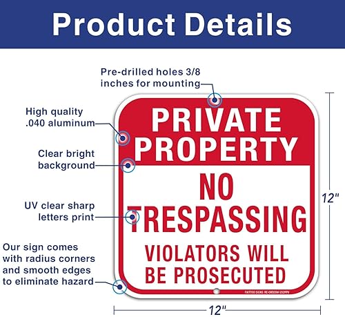 Miniatura 2 de Paquete de 5 carteles de propiedad privada No Trespassing, cuadrado de 12 x 12 pulgadas, aluminio libre de óxido, protección UV e impermeable,