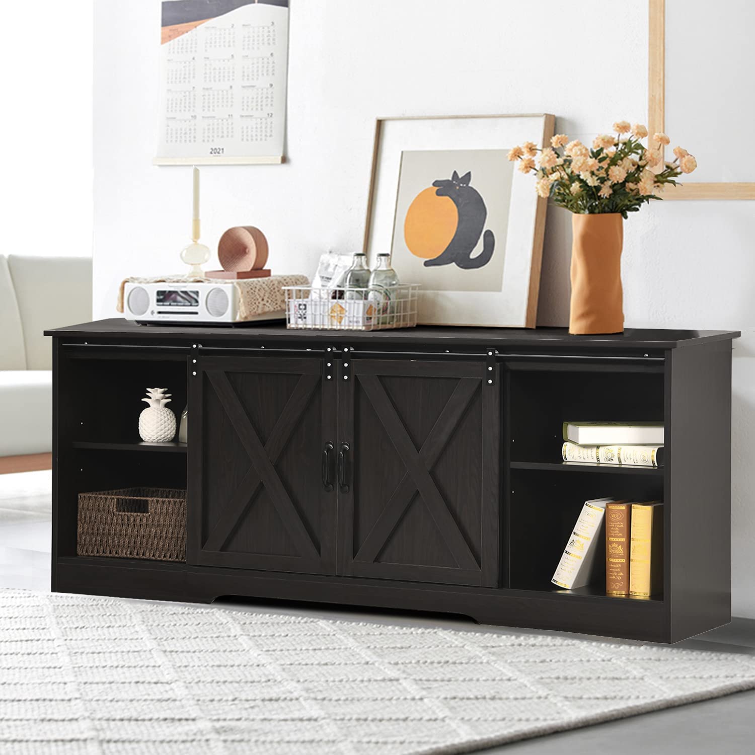 Buffet with Sliding Barn Door, 60" Farmhouse Sideboard with