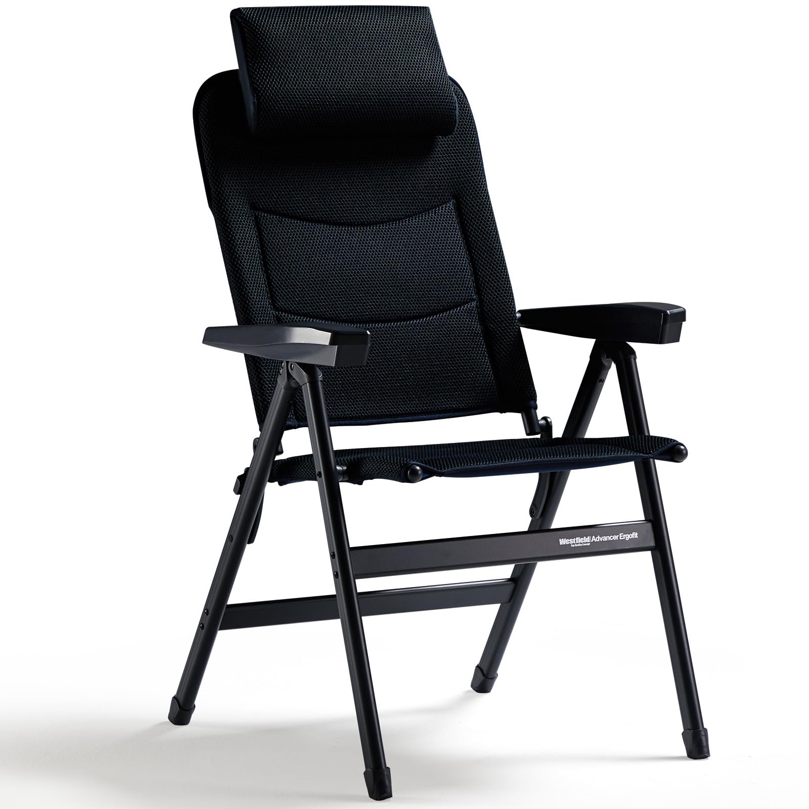 Westfield Outdoors Advancer Ergofit Campingstuhl Faltbar, 5-Fach Verstellbar, Klappstuhl Hohe Rückenlehne, Atmungsaktiver, Kopfteil, für Garten, Wohnwagen, Camping, 160 kg Belastbar, Nachtblau