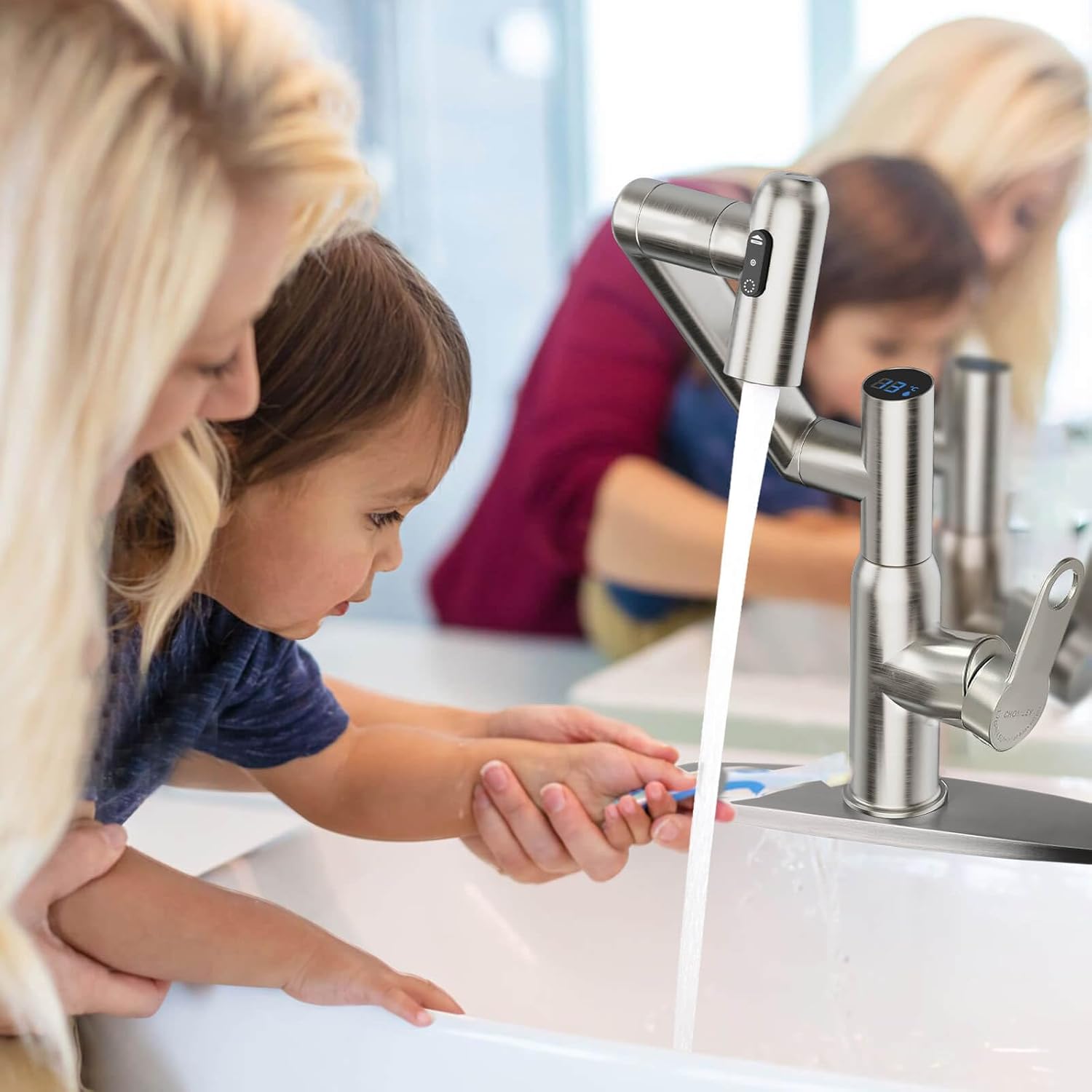 Rotatable Bath Faucet with Temp Display in Celsius, Single Hole Brushed Nickel and 3 Outlet Modes Faucet, Battery-Free