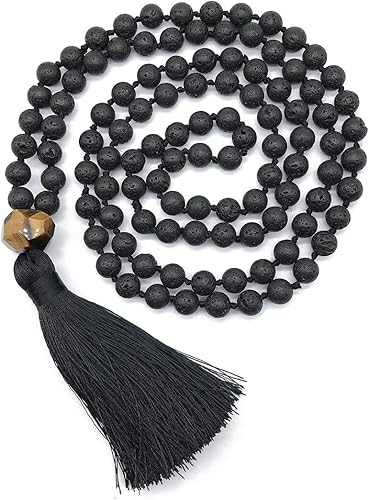 PNEIME Collar de cuentas malas de sándalo, collar de madera mala, cuentas de oración tibetanas anudadas a mano, cuentas de meditación Japa Mala,