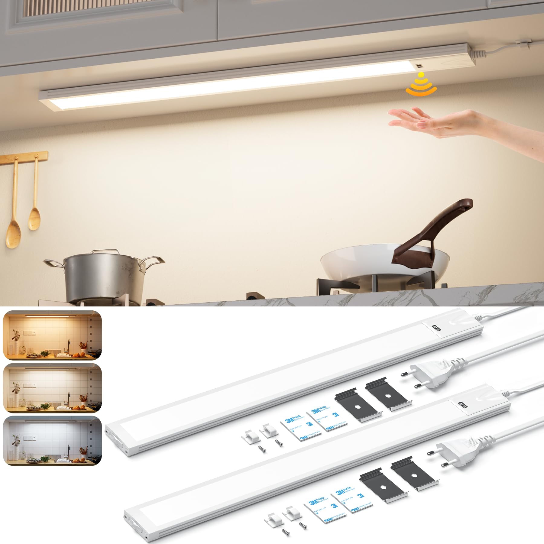 Lureshine Luce Armadio LED da 41CM 2 pezzi, dimmerabile, 3 temperatures, luce armadio LED con Sensore di Movimento, Luce Led Sottopensile per l'illuminazione di cucine, scaffali e piani di lavoro