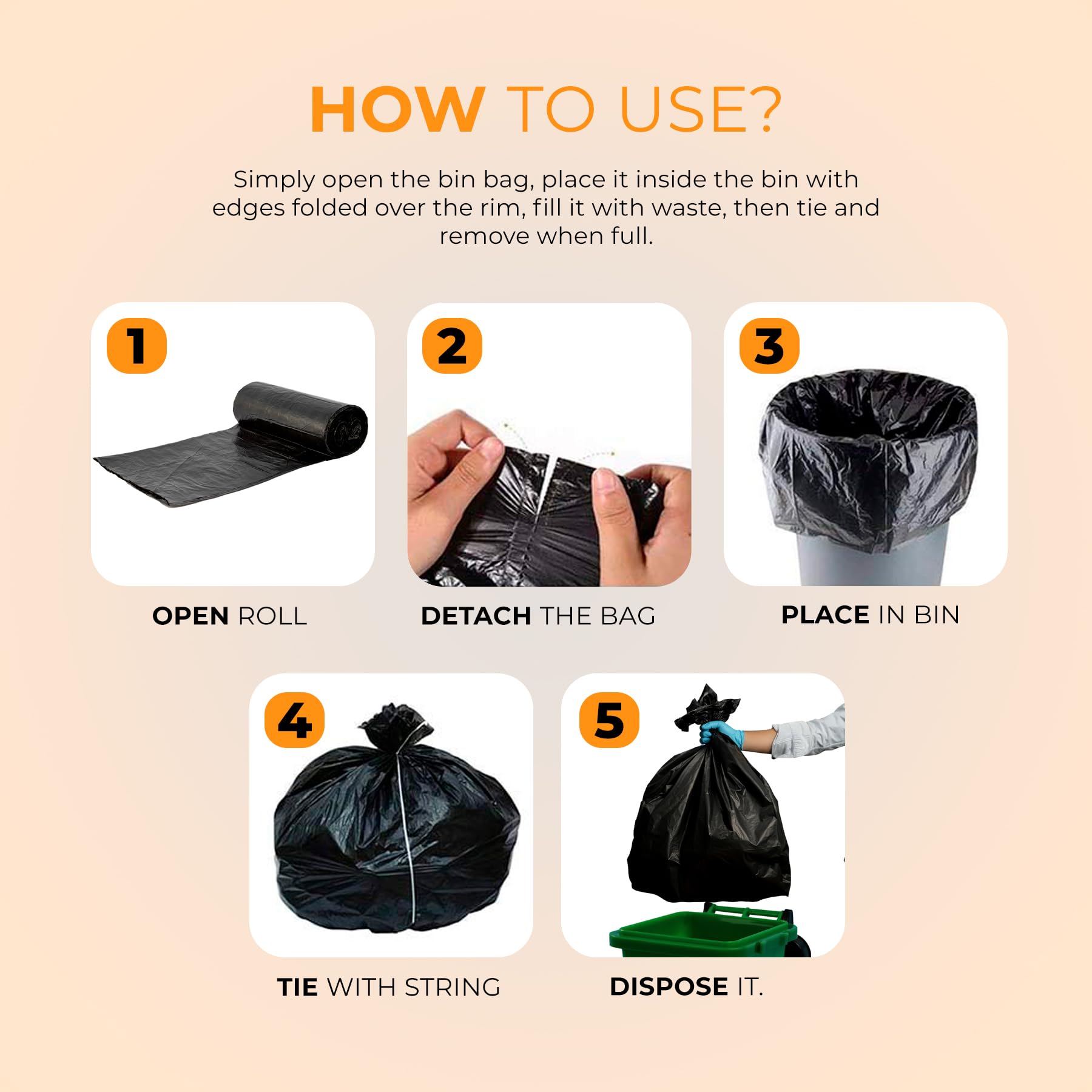 Roe Tenpo Paquete de 500 bolsas de basura resistentes, 70 L, 30 micras, fuertes y duraderas, resistentes a desgarros, bolsas de basura negras para uso diario, hogar y uso comercial