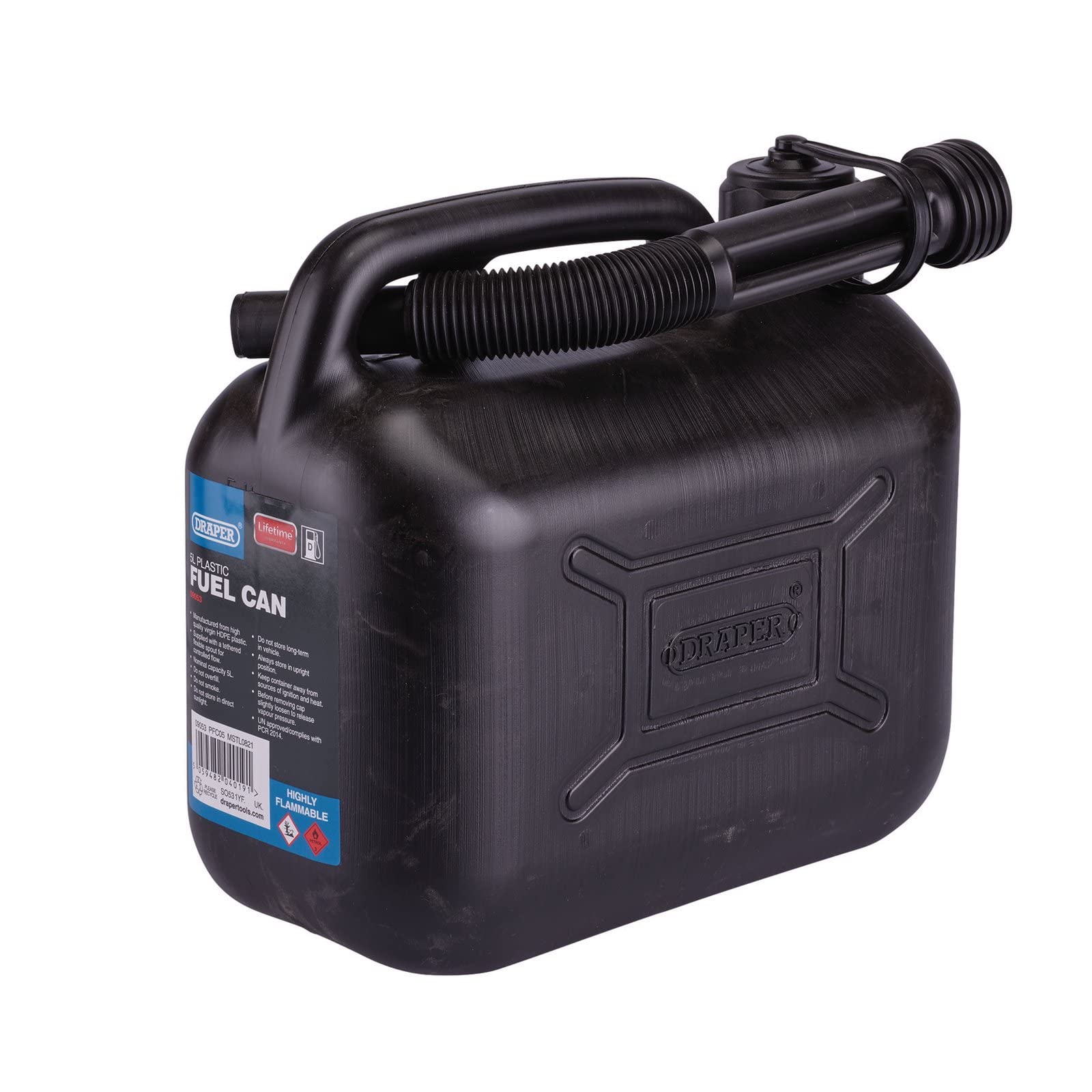 Draper 5L Jerry Can Fuel Can Plastic Petrol Diesel Black 5 Litre & Spout 09053