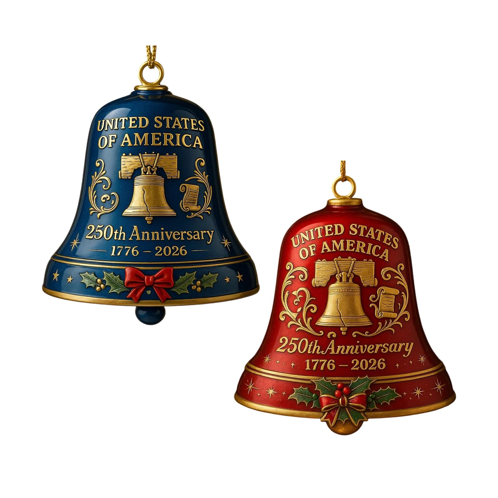 1776-2026 States 250th Anniversary Bells Ornament Christmas Bells with Commemorative Detailing Garden Home Decors Patriotic Holiday