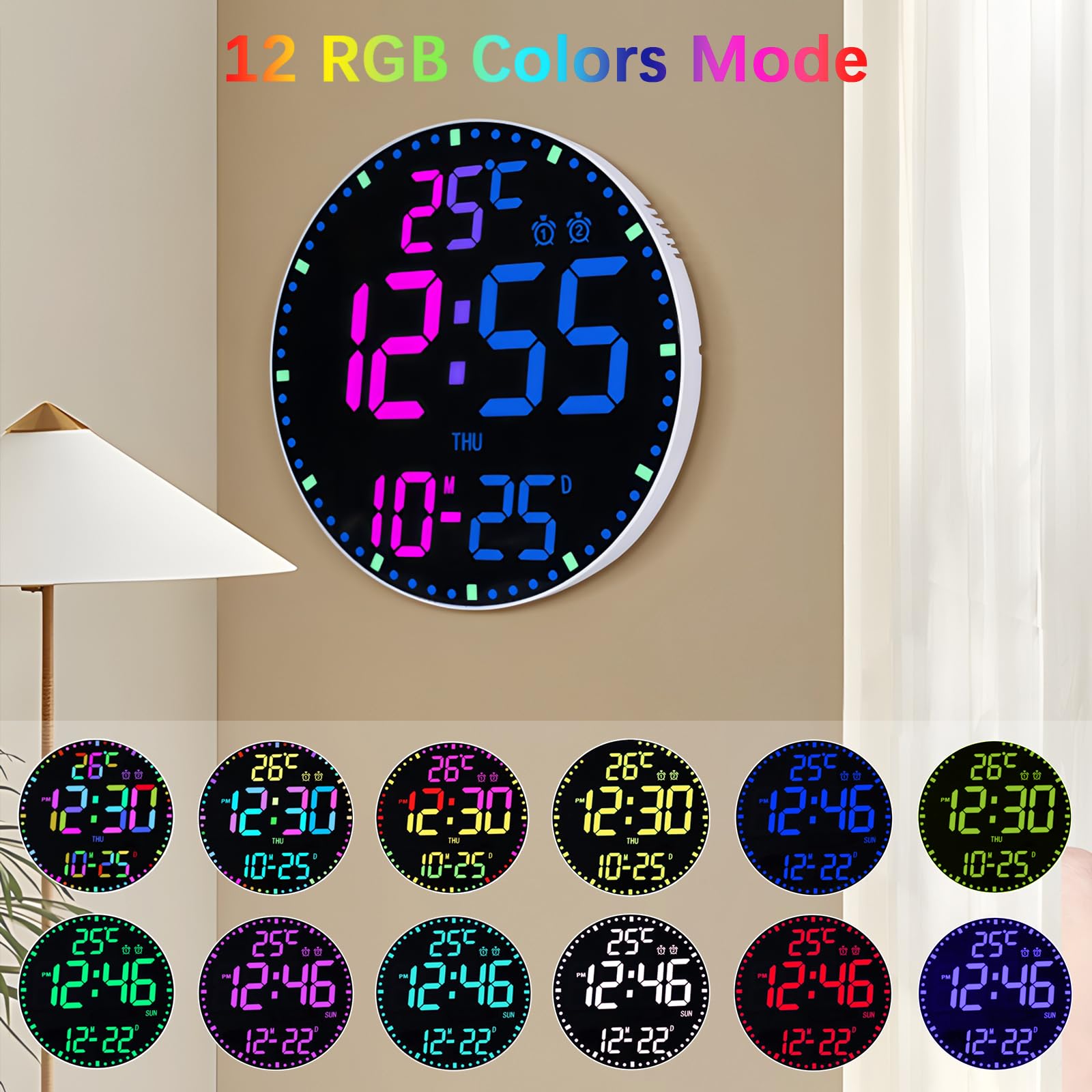 30,5 cm große digitale Wanduhr mit Fernbedienung, 12 RGB-Farben, automatisches Dimmen, Dual-Alarm, Temperaturdatum, Sommerzeit, LED-Wanduhr für Wohnzimmer, Büro, Fitnessstudio, Klassenzimmer