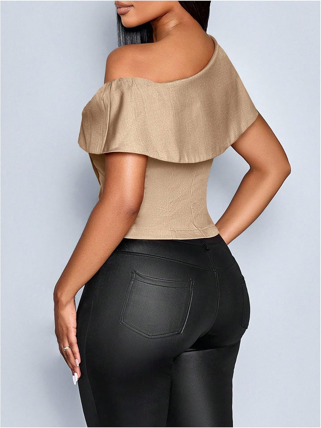 OYOANGLE Women's Off The Shoulder Short Sleeve Fitted Blouse Button Split Hem Dressy Top - Image 2