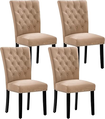 Miniatura 22 de Juego de 4 sillas de comedor de cocina de terciopelo, silla de comedor tapizada Parsons, silla decorativa de madera con ribete clavado, azul