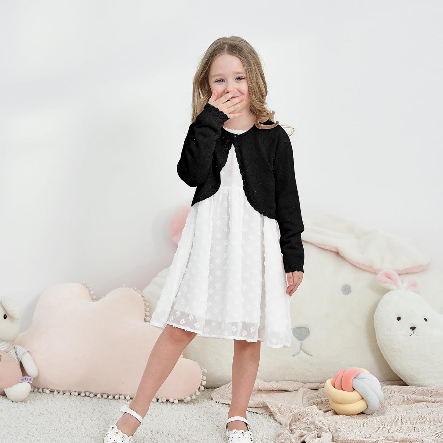 Girls Long Sleeve Sparkle Bolero Cardigan Kids Button Closure Knitted Shrug Cropped Sweaters Tops 3-12 Years - Image 3