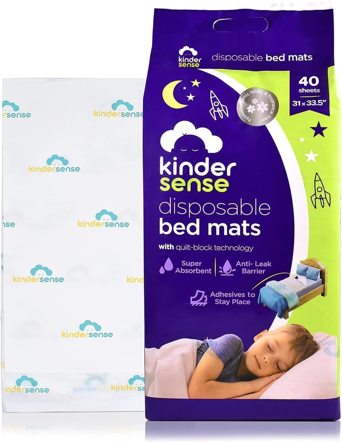 KinderSense® Ultra Absorbent Disposable Bed Pads for Potty Training 33.5" x 31" (40 Count) - Bedwetting Mat & Mattress Protector - Incontinence Pads with Adhesive Leakproof | Alt. to Training Pants