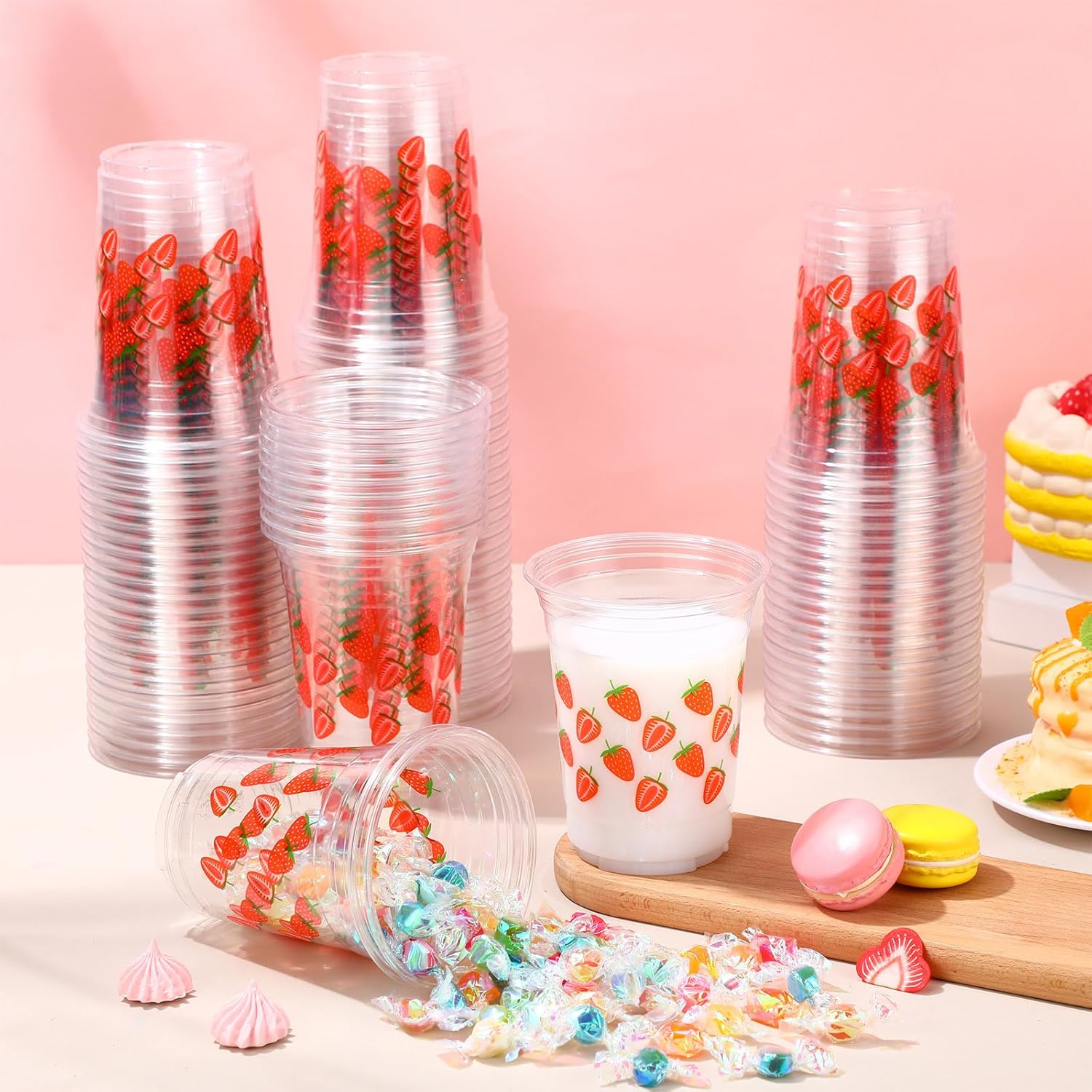 100 Pcs Strawberry Disposable Cups 16 oz Clear Plastic Drinking Cups Bulk for Spring Summer Holiday Birthday Wedding Juice Hot Cold Drinks Party Supplies(Strawberry) - Image 6
