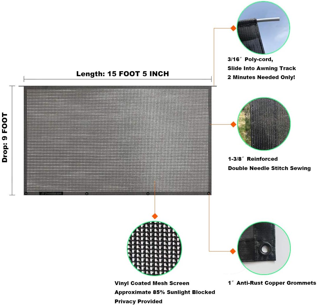 Shadeidea RV Awning Sun Shade Screen - 9' X 15' 5'' (Fit for 16' Awning)- Black Mesh Sunshade Motorhome Camping Trailer Awning Screenshade UV Sunblocker Canopy Sunscreen - 3 Year Warranty