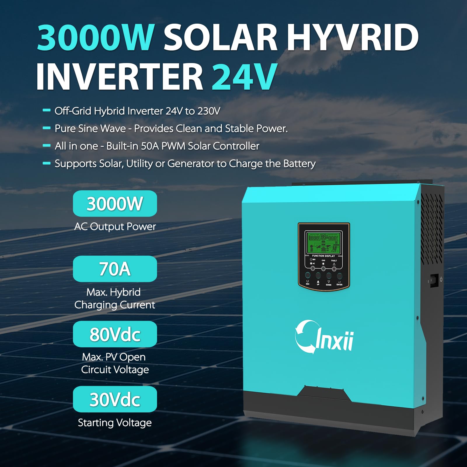 3000W Inversor Híbrido de 24V DC a 220V/230V AC, Inversor Solar de Onda Senoidal Pura Off-Grid con Controlador de Carga Solar PWM 50A, Compatible con Baterías de Plomo-ácido y Li-Ion de 24V