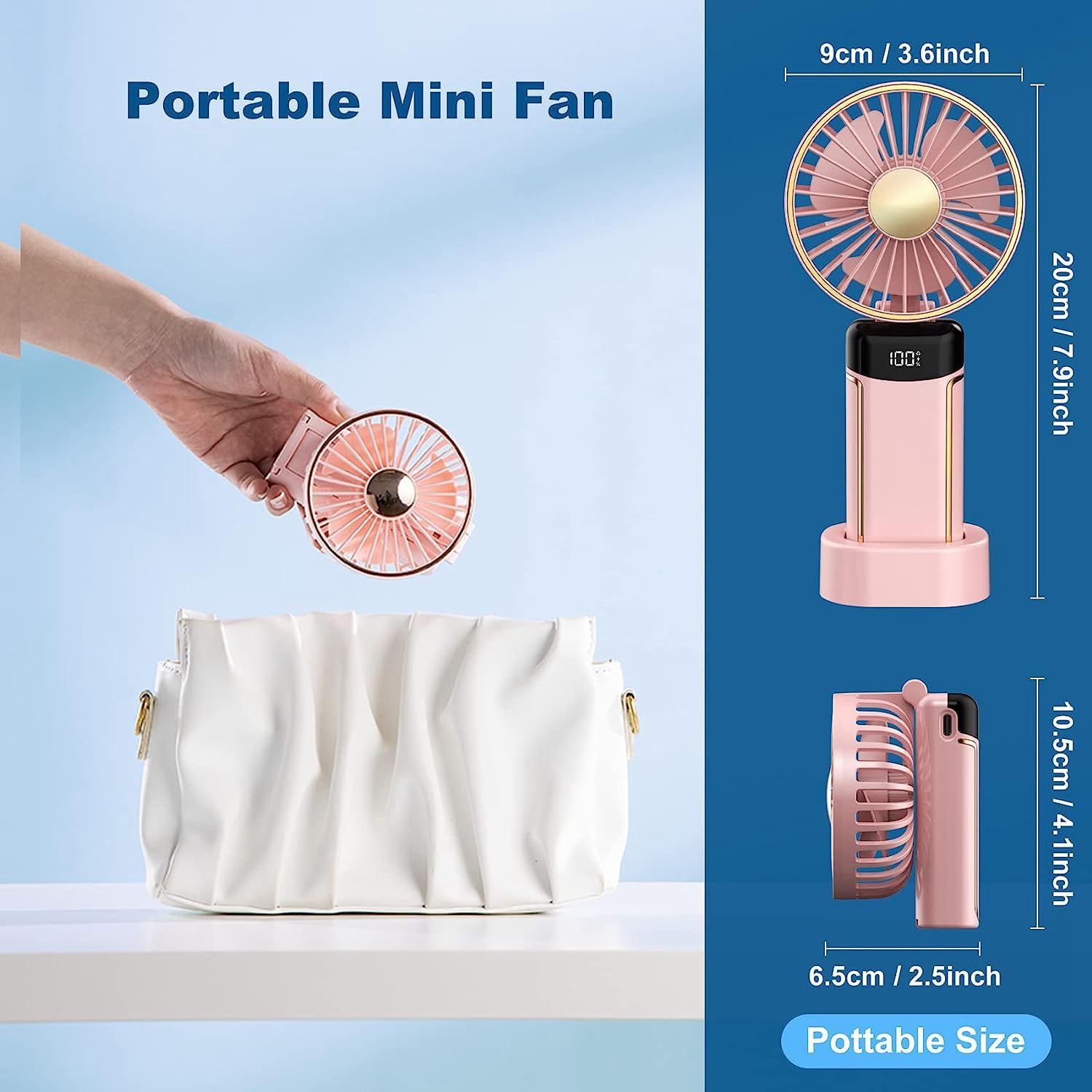 Mini ventilateur portable rechargeable par USB avec 8 à 20 heures d'autonomie, format de poche compact, idéal pour une utilisation en extérieur et en intérieur