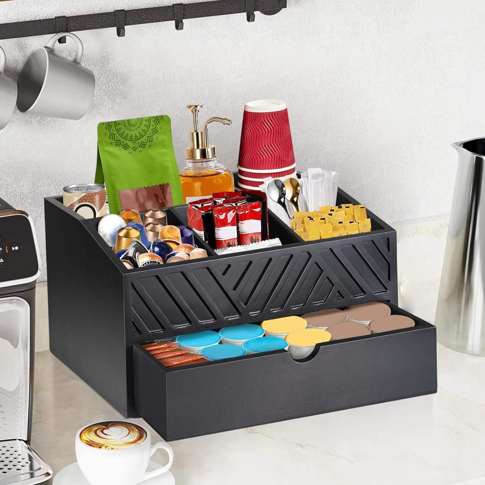 Scatola in legno per caffè e tè con 5 cartoni, per cucina, sala da pranzo, casa, ufficio, perfetta per gli amanti del caffè e gli appassionati di tè