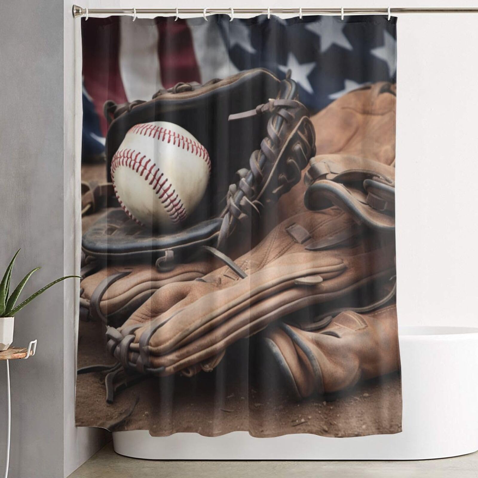 Rideau de douche décoratif et résistant style baseball avec 12 crochets solides