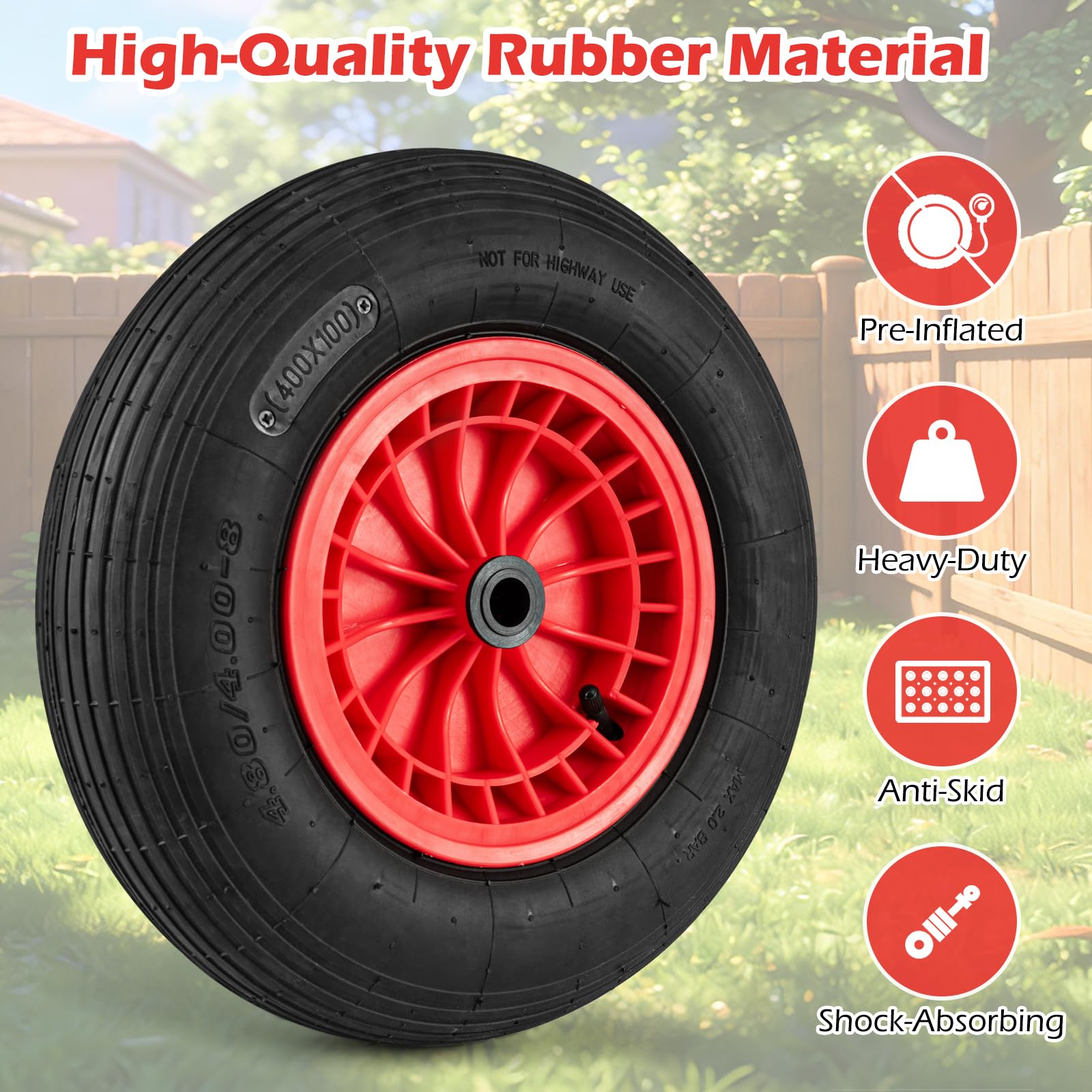 SOARS Ruota Pneumatica per Carrello Carriola, Dimensioni 4.80/4.00-8, 250KG Max, Diametro 40 CM, Asse Ø20 MM, Larghezza 10 CM, Cuscinetto a Rullini Robusto - Nero+Rosso (2)