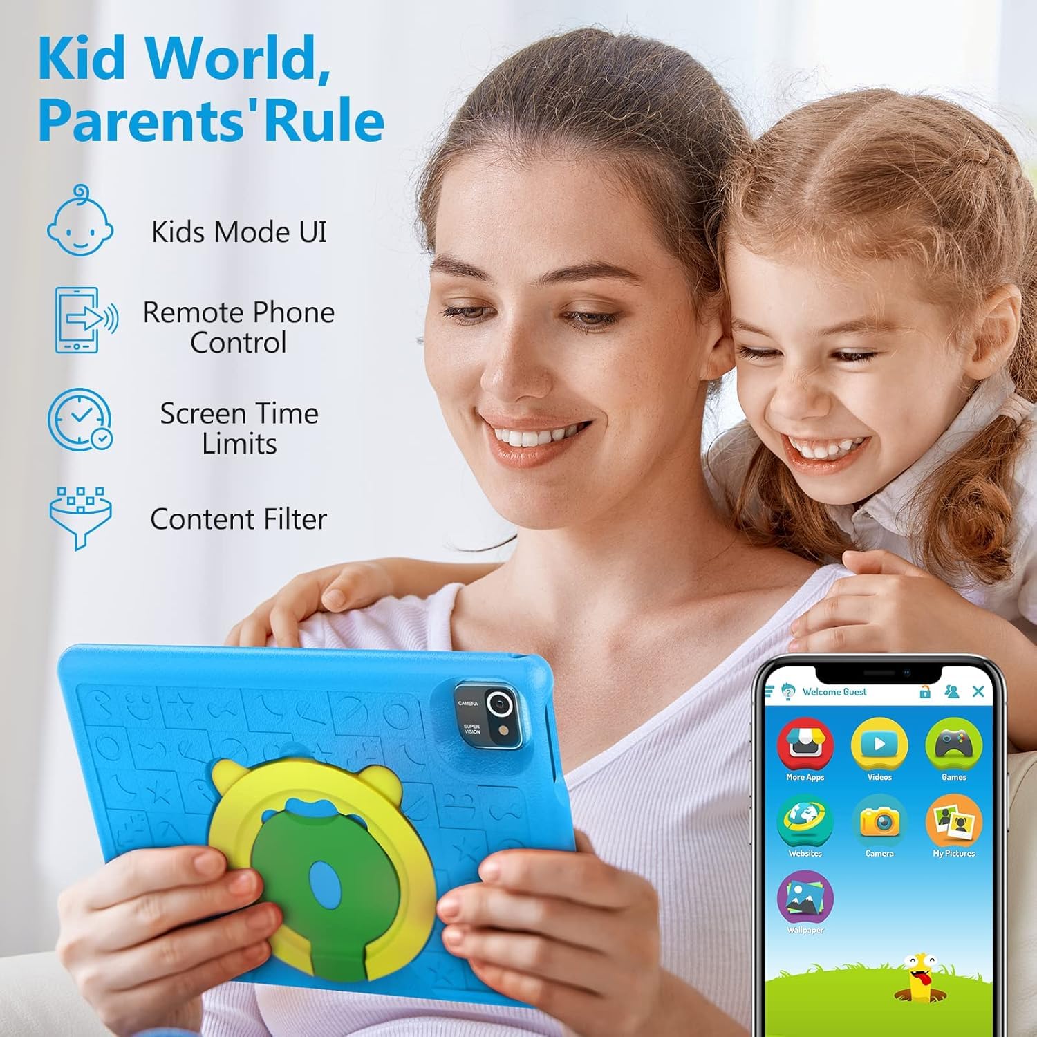 Freeski Tablette Enfants, 10 Pouces Android 13 Tablettes 1280x800 IPS, 5000mAh Quad Core, 6Go+64G0+128Go, WiFi, Bluetooth, Double Caméra Tablette pour Enfant, Blu