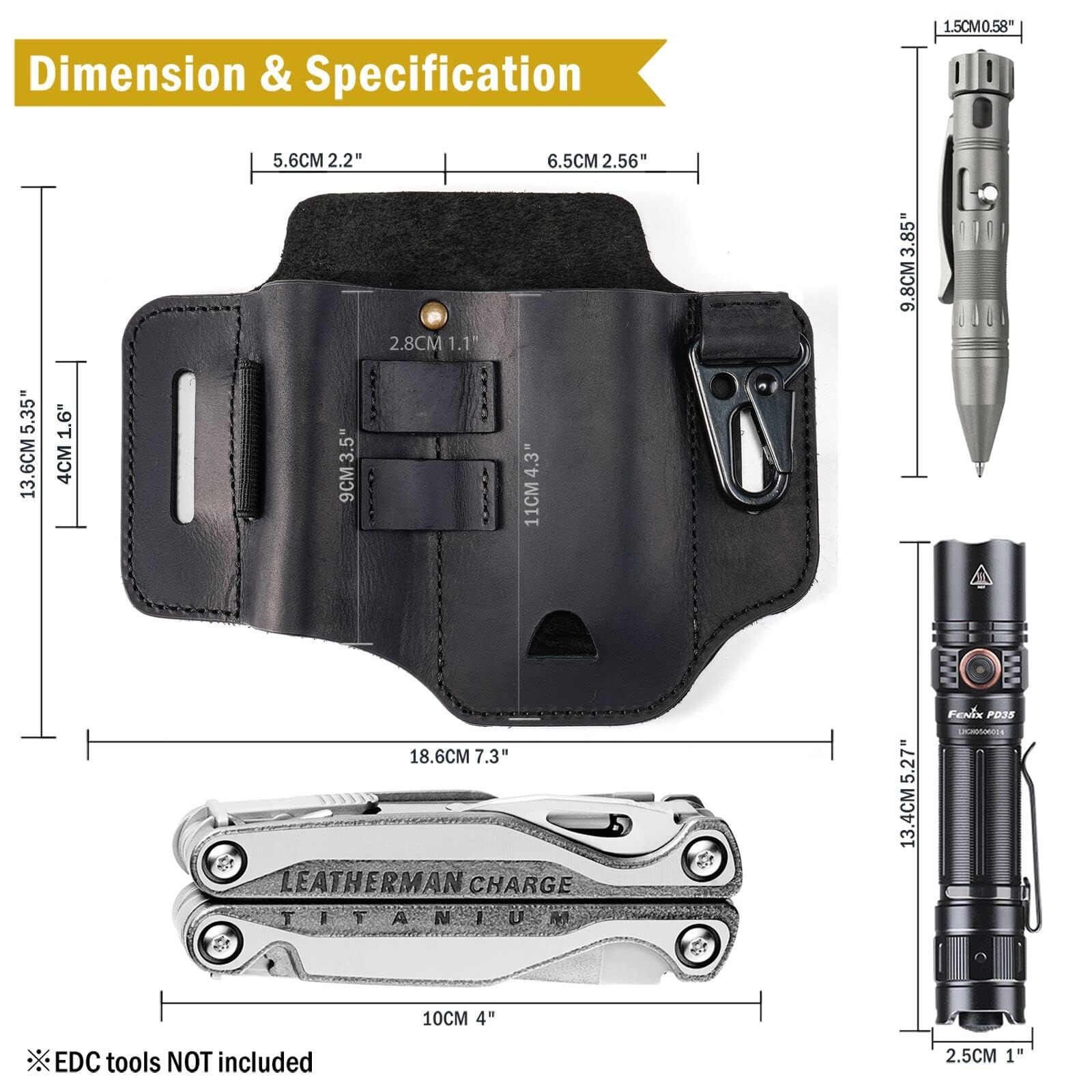 VIPERADE PJ35 EDC Gaine en Cuir Gaine Multi-Outils avec 3 Poches, étui à Outils Gaine de Ceinture de Couteau Gaine de Lampe de Poche pour multioutils/Gaine de Couteau pour Leatherman-Noir