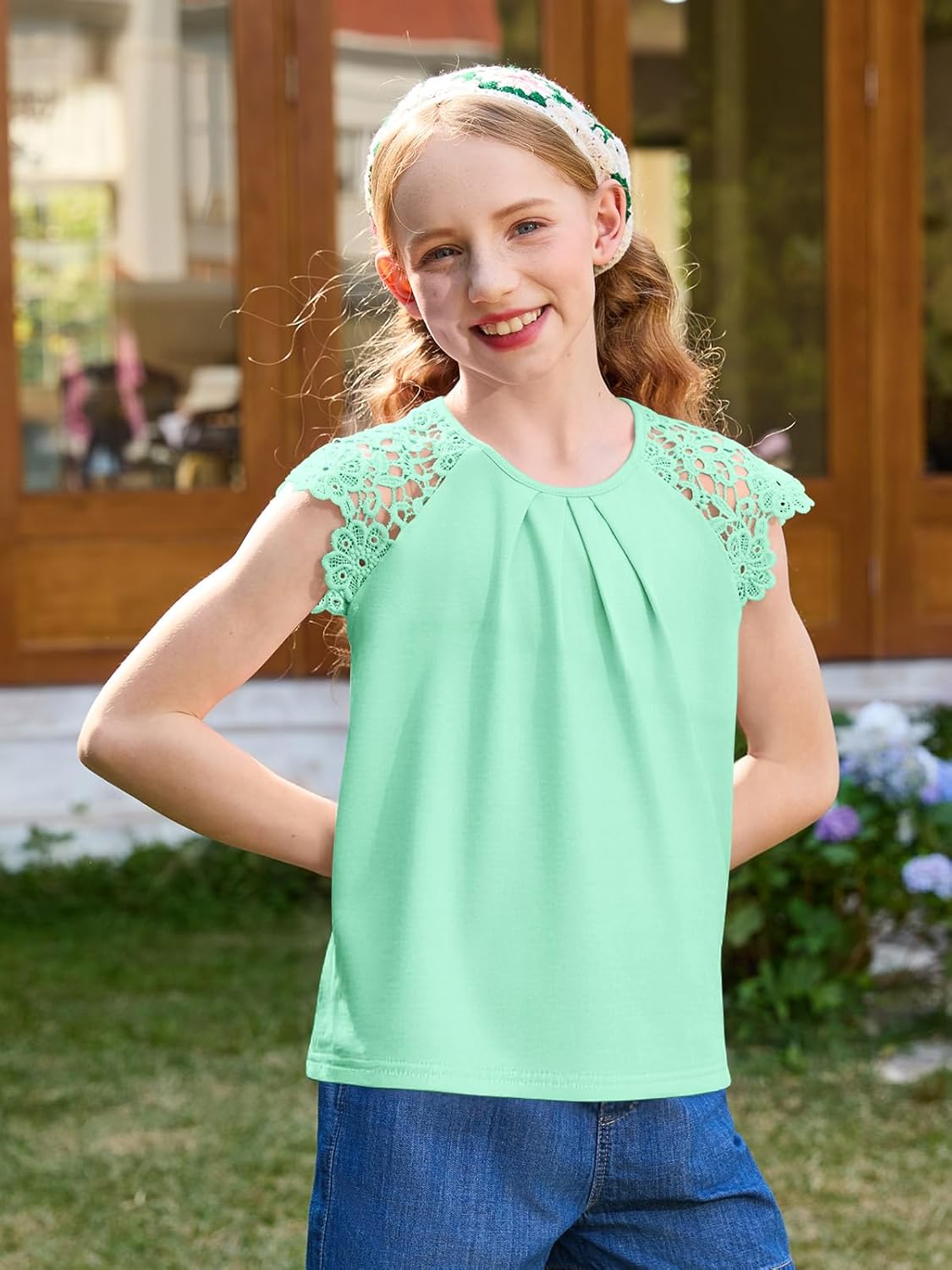 Haloumoning Girls Lace Short Sleeve T Shirts Kids Cute Pleated Blouse Summer Casual Tops Tees 5-14 Years - Image 2