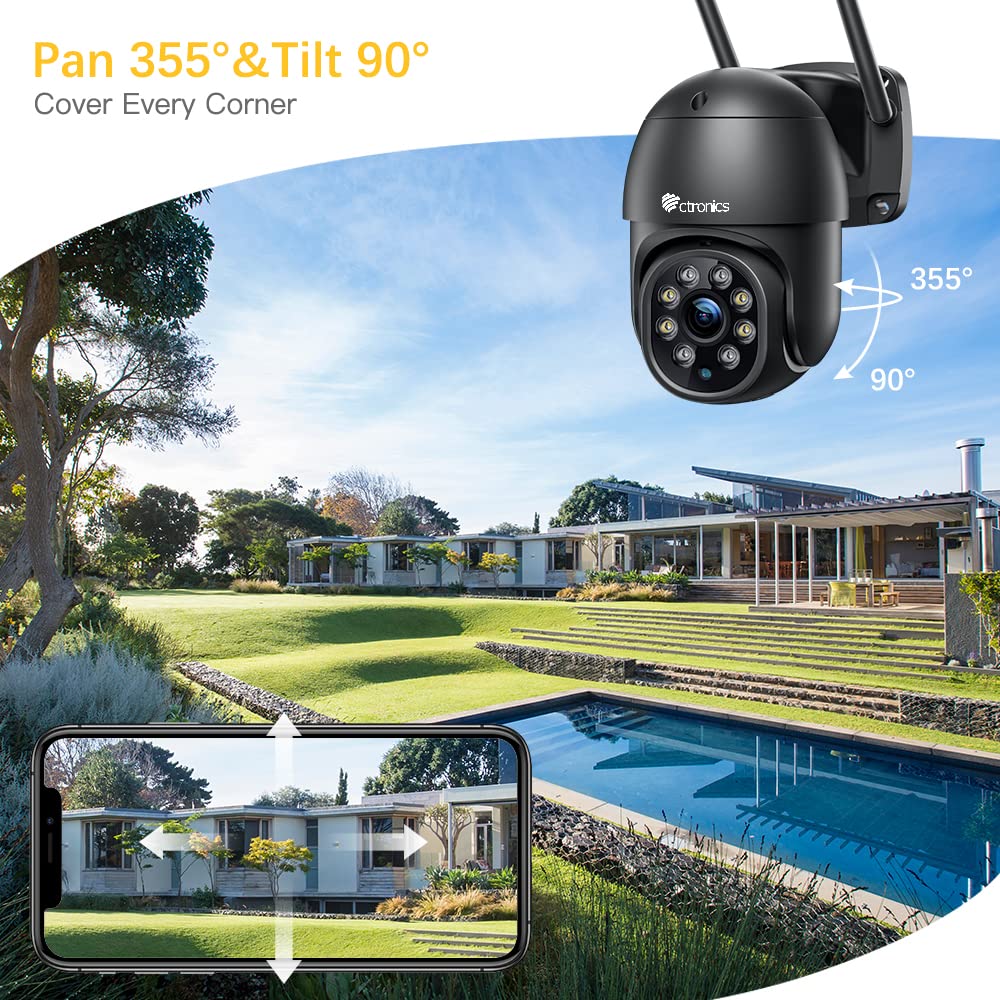Ctronics 2.5K 4MP Überwachungskamera Aussen WLAN, 2560×1440P PTZ WiFi 2,4/5GHz IP Kamera Outdoor mit Automatische Verfolgung, Personenerkennung, Nachtsicht in Farbe, Zwei-Wege-Audio (2 St) (schwarz) | 2560×1440P,PTZ, WiFi 2,4/5GHz,Automatische Verfolgung,
