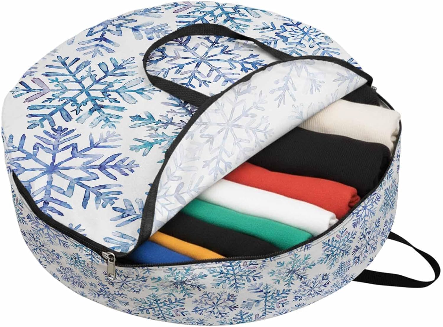Christmas Xmas Round Storage Bag 36 Inch, Dreamlike Blue Snowflake Clothes Storage Container with Handles Heavy Duty Organizer for Comforter, Bedding & Holiday Wreaths