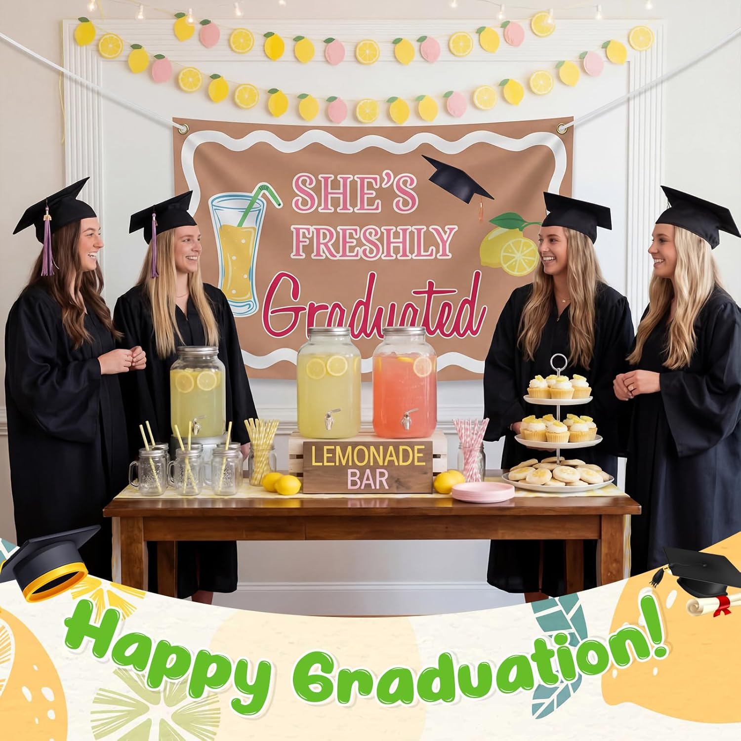 Breling 2026 Graduation Lemonade Bar Decoration 70.87 x 43.31 inch She's Freshly Graduated Backdrop Fun Congrats Grad Banner for Lemonade Bar Graduate Party Supplies Photo Booth Props