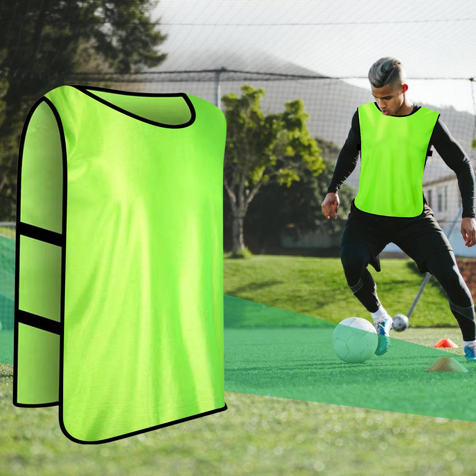 PORFOYO Calcio, 12 Pezzi Casacche, Pettorina, Riutilizzabile, Bavaglini, Gilet Da Allenamento, Formazione (Verde, Allenamento)