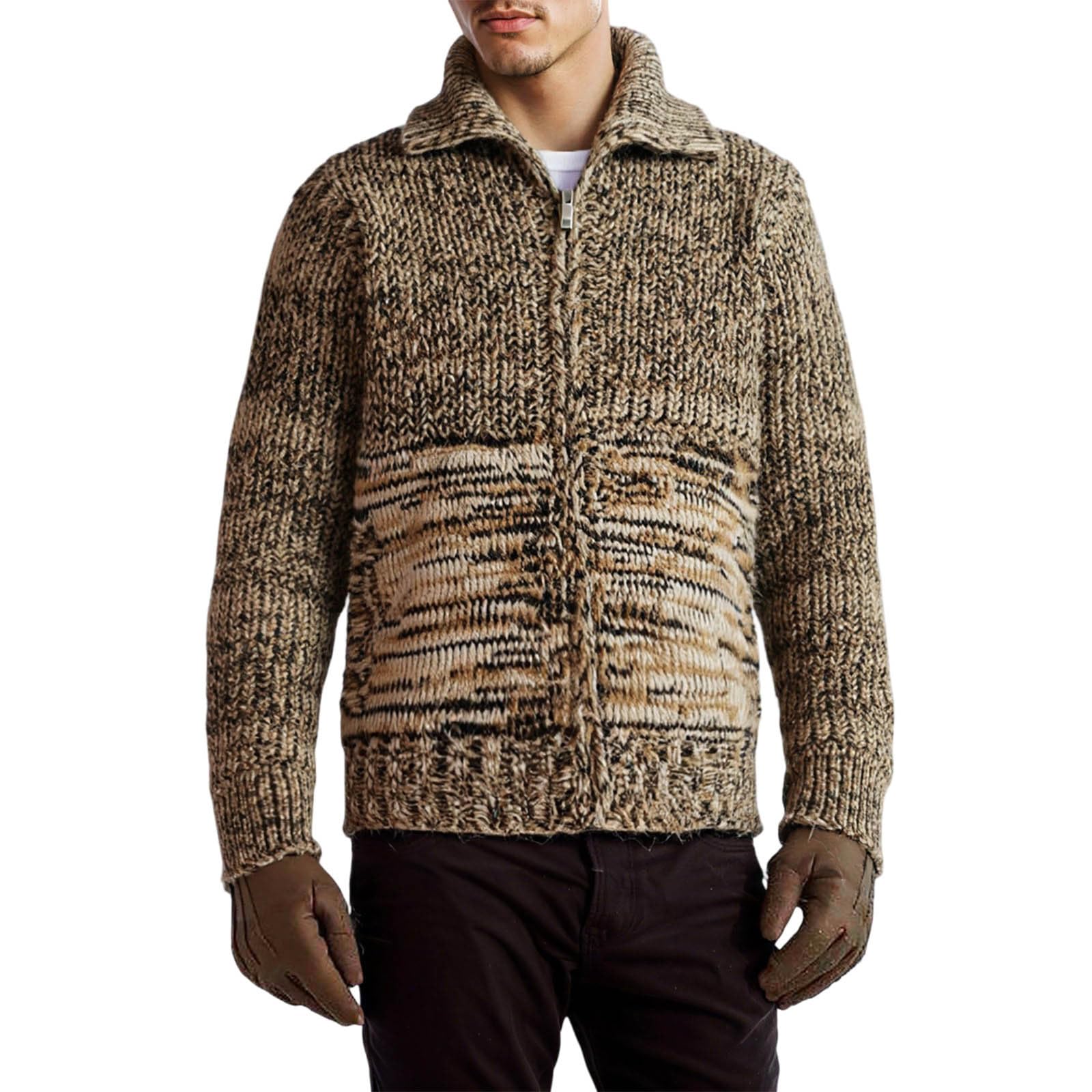 Maglione da uomo invernale per attività all'aria aperta, casual, a maniche lunghe con colletto, vintage, con motivo a treccia, cardigan, giacca a vento