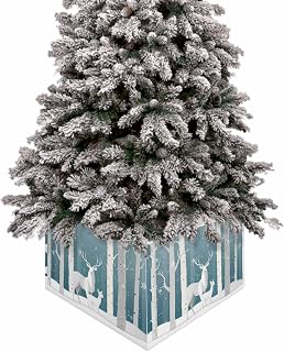 Christmas Deer Christmas Tree Collar Winter Aqua Ombre Snowing Forest Animals Reusable Xmas Trees Skirts Stand, Xmas Trees Ring for Holiday Party Home Decor, 17”x10”,4pcs,Rectangle