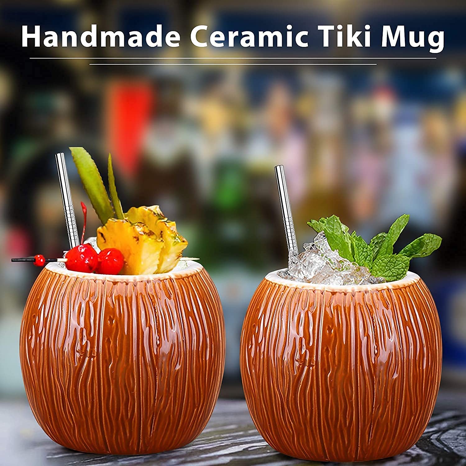 SuproBarware - Juego de 4 tazas de cóctel tropical de cerámica Tiki para bebidas exóticas y cócteles hawaianos, diseño de coco, ambiente festivo y verano