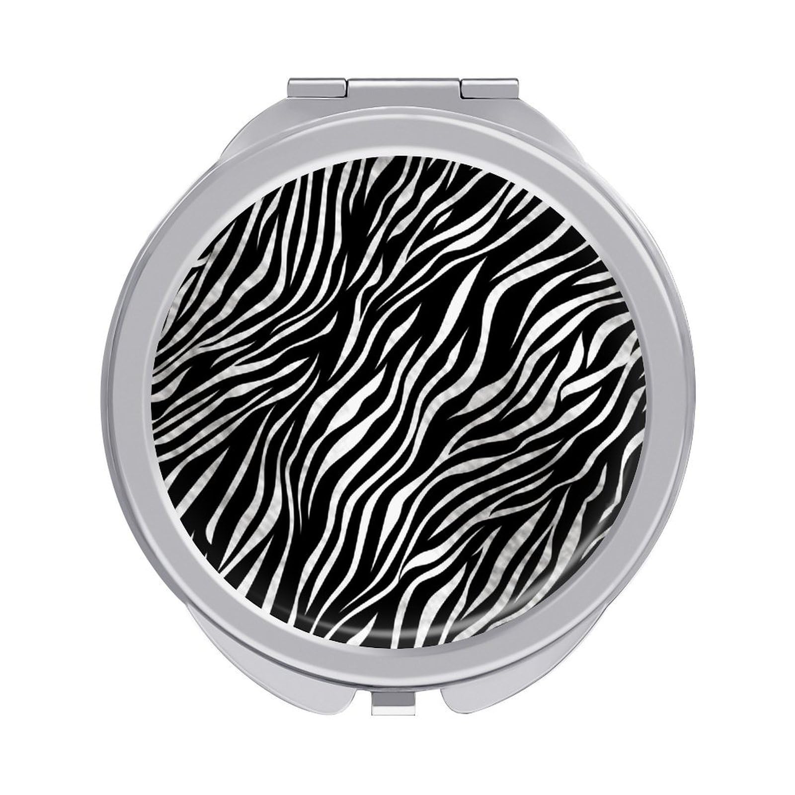 FekiLoot Zebra Print Travel Makeup Mirror for Women Folding Portable Hand Compact Mirrors Small Round Vanity Mirror 1X/2X Magnifying Metal Pocket Makeup Mirrors