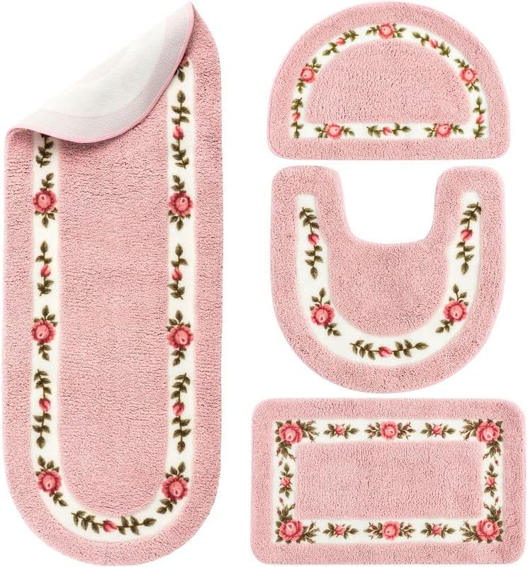 Timgle 4 Pcs Rose Flowers Bathroom Rugs Set Coquette Rug