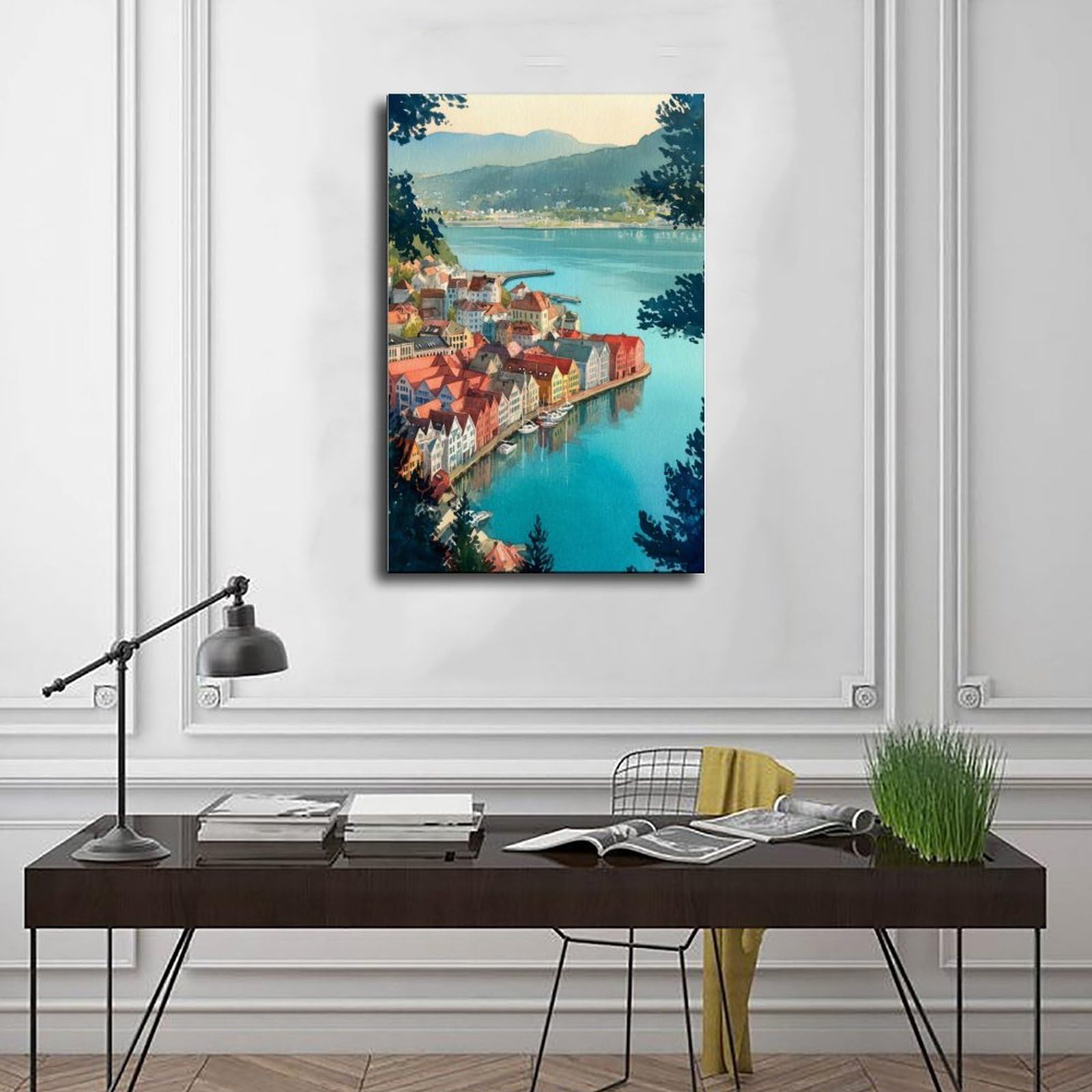 Bergen Port, poster di viaggio ad acquerello, paesaggio norvegese della città costiera, poster su tela, decorazione per camera da letto, ufficio, stanza, regalo, 40,6 cm di lunghezza x 61 cm di