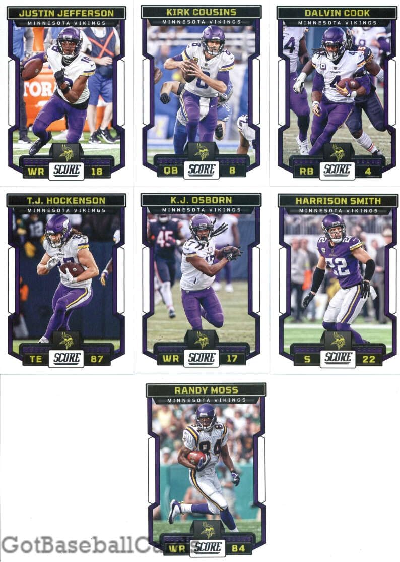 2023 Score Veteran Minnesota Vikings Team Set of 7 Cards: Justin Jefferson(#110), Kirk Cousins(#111), Dalvin Cook(#112), T.J. Hockenson(#113), K.J. Osborn(#115), Harrison Smith(#116), Randy Moss(#118) - Sportscard Superstore