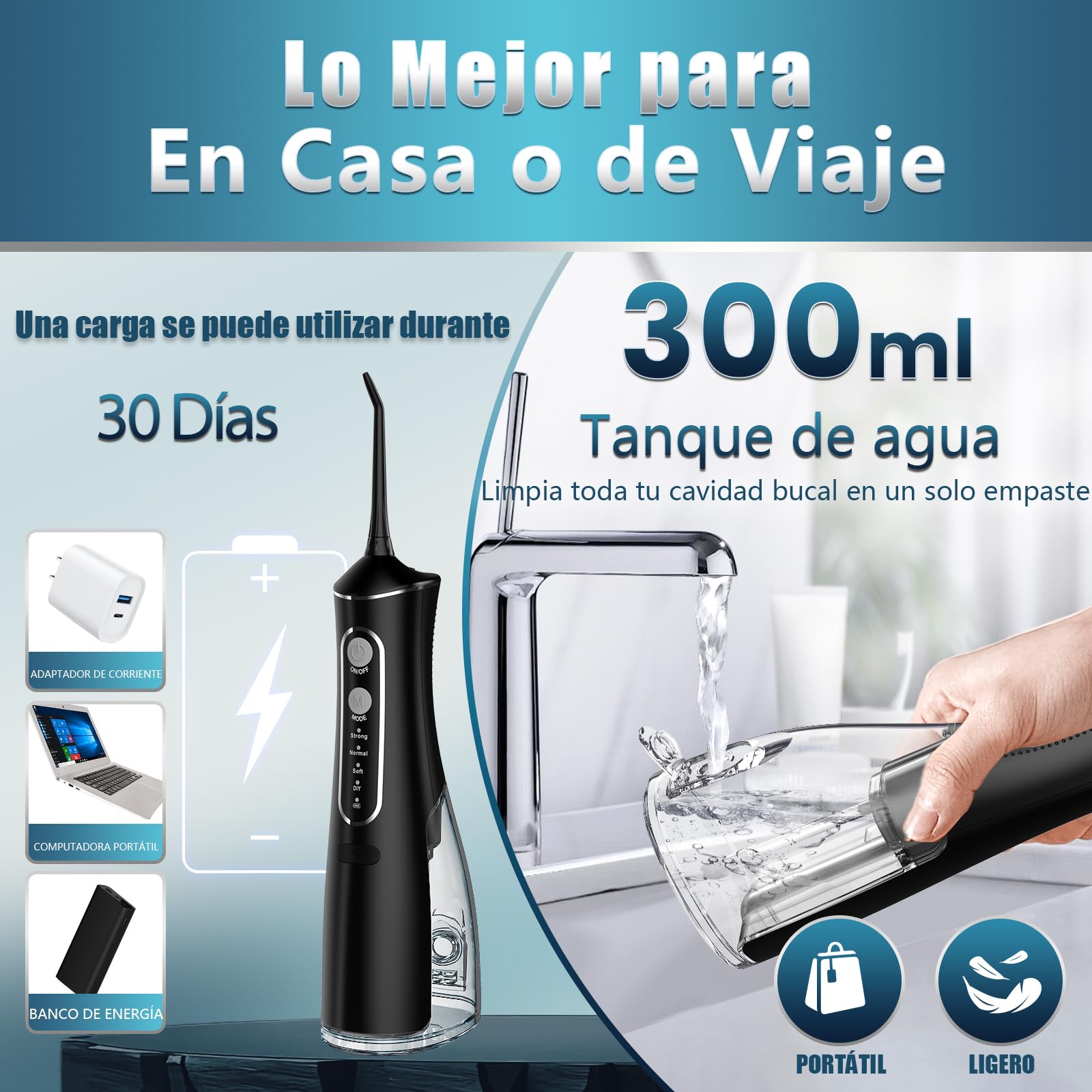 Irrigador Dental Portátil, 300ML Irrigador Dental Profesional con 5 Boquillas y 4 Modos, Tecnología DIY de Autoajuste, Irrigador Bucal Inalámbrico para Viajes y Hogar, Impermeable IPX7 — view 5